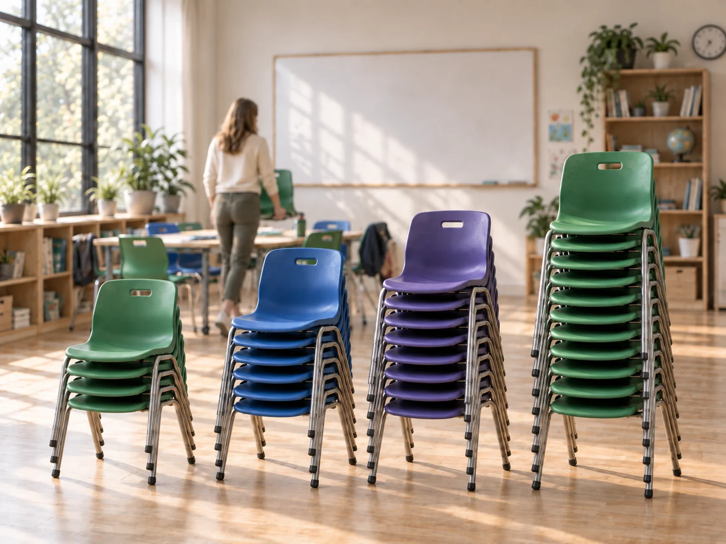 Uma sala de aula pronta, com as cadeiras empilhadas por turma